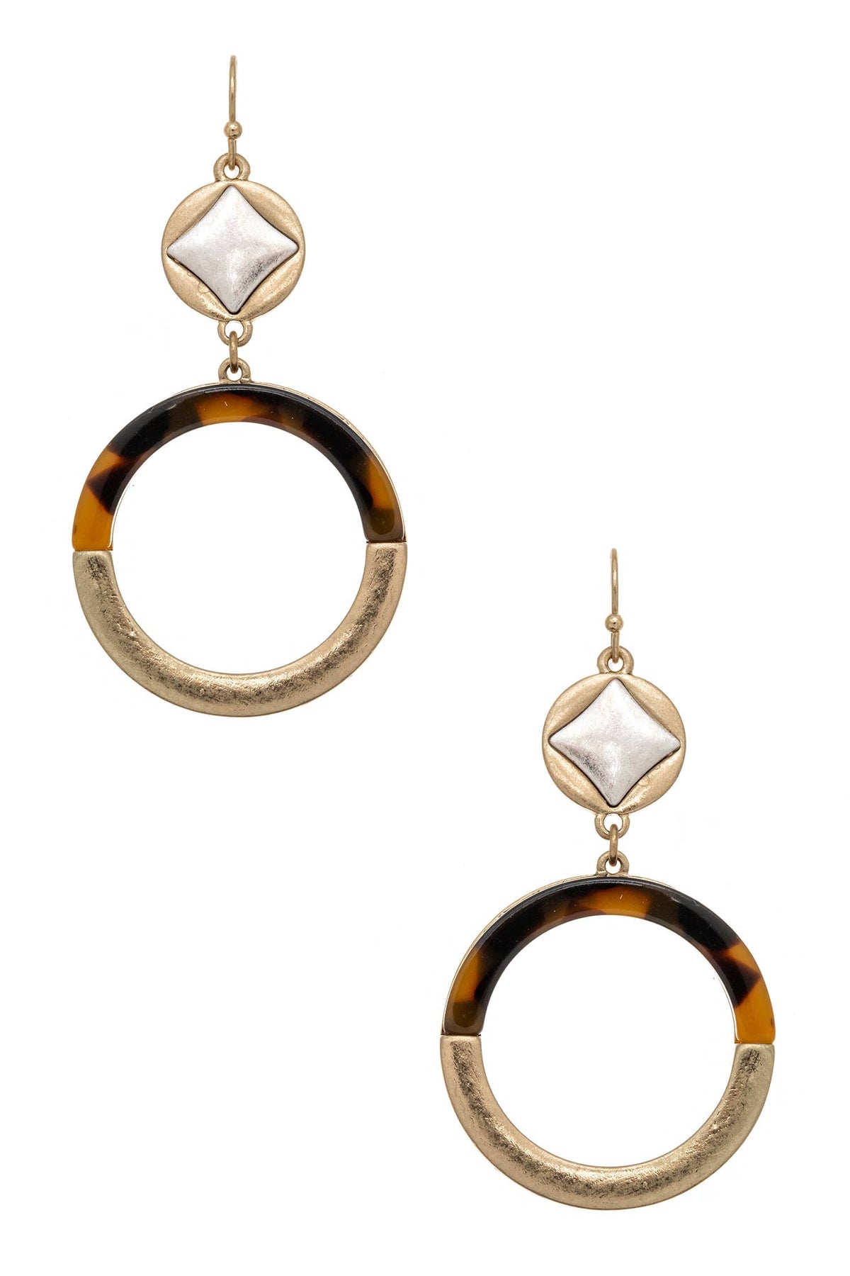 Tortoise Accent 2 Tone Round Drop Earrings