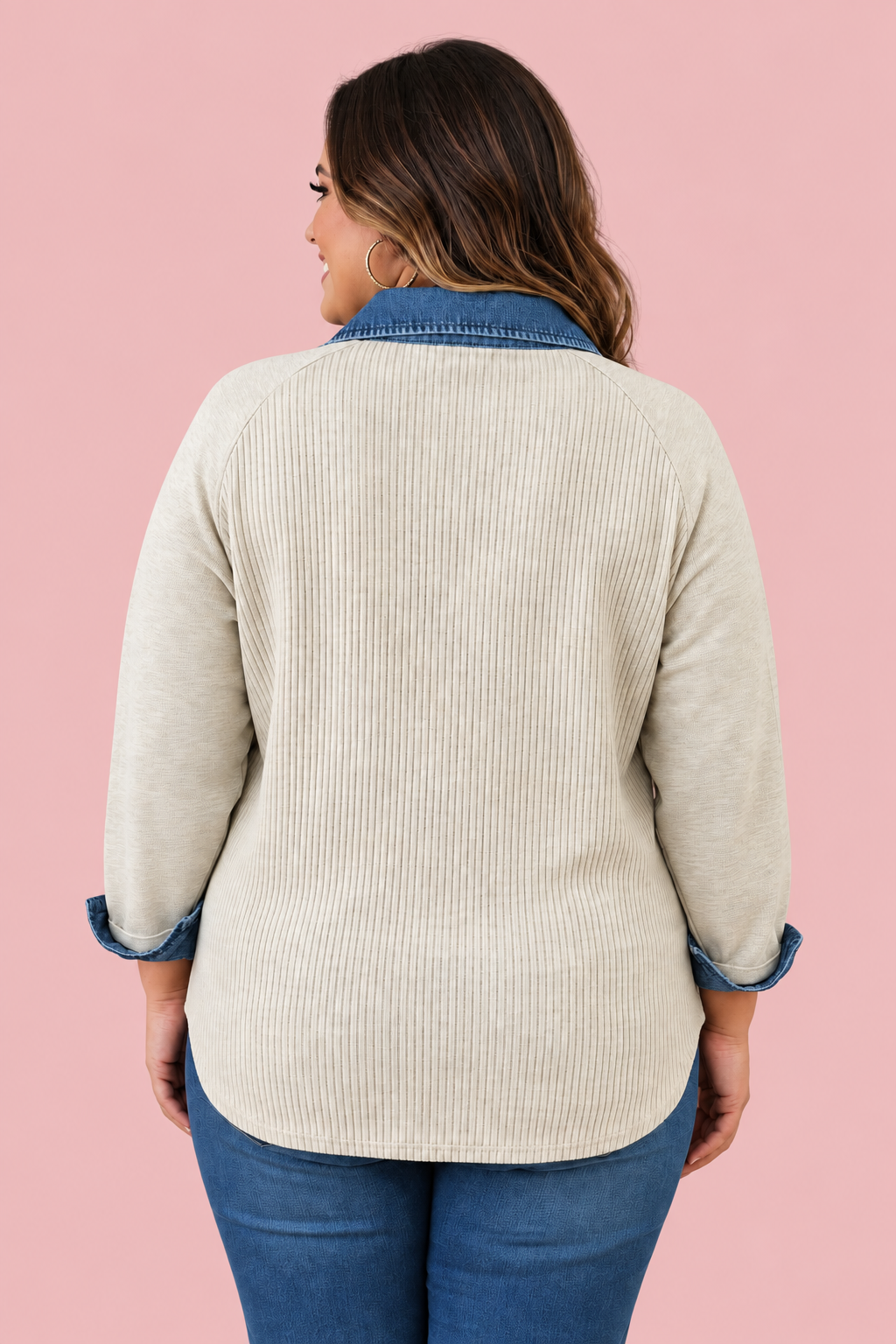 LALA LOO Plus Size Denim Collared Ribbed Long Sleeve Top