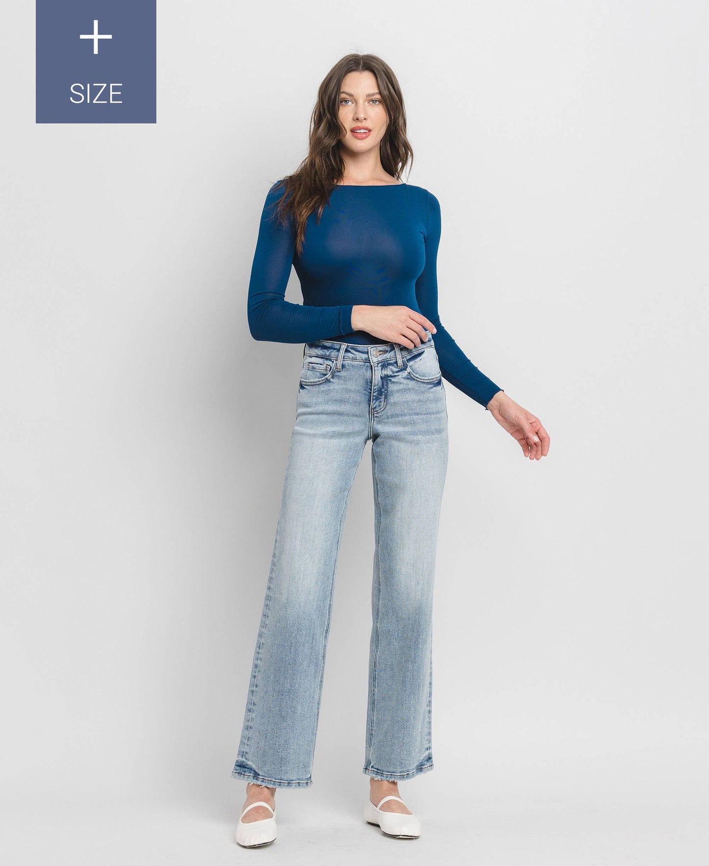 PLUS SIZE TUMMY CONTROL MID RISE SLIM WIDE JEANS LV1358-P