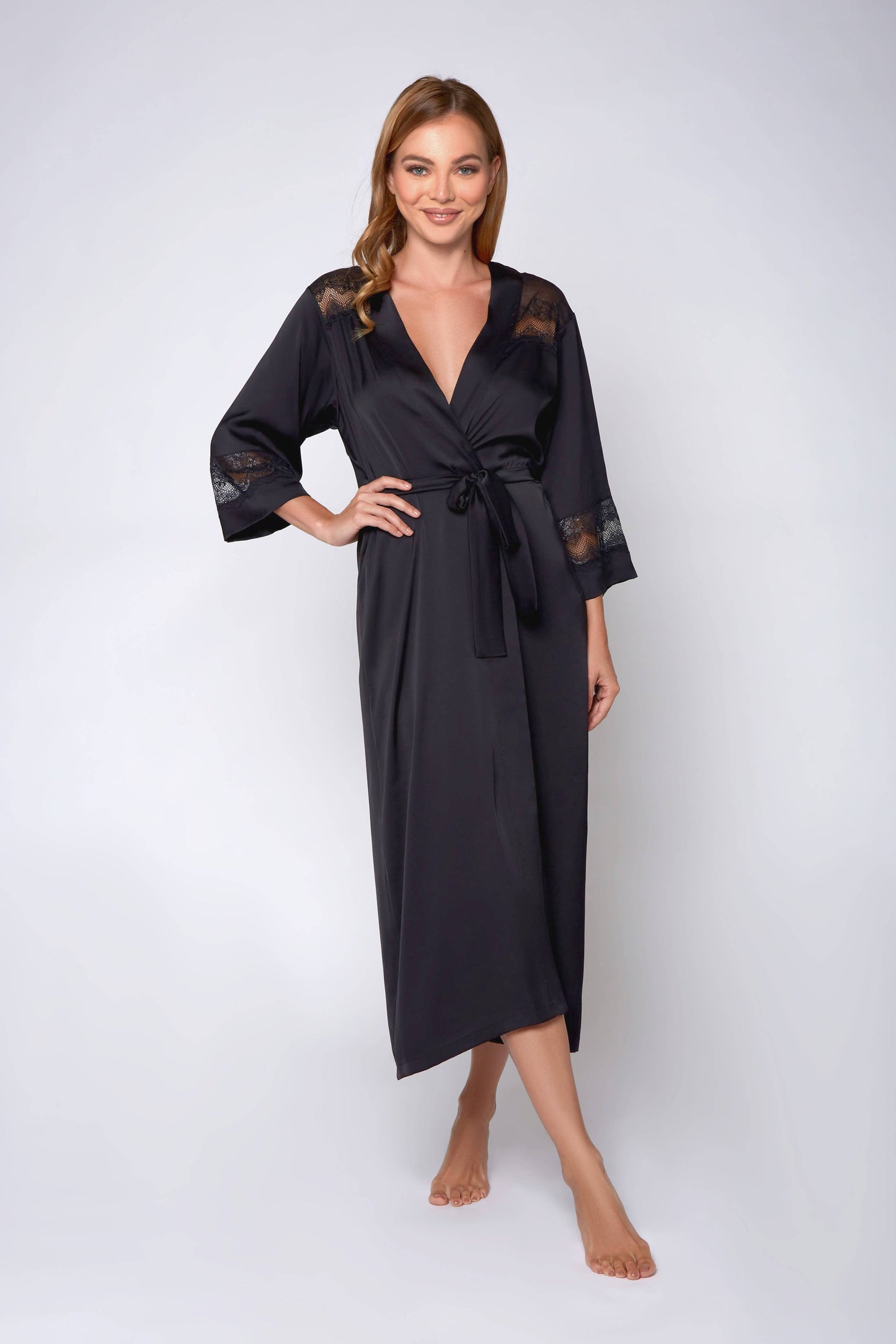 Tess Plus Size Stretch Satin Long Robe with Lace