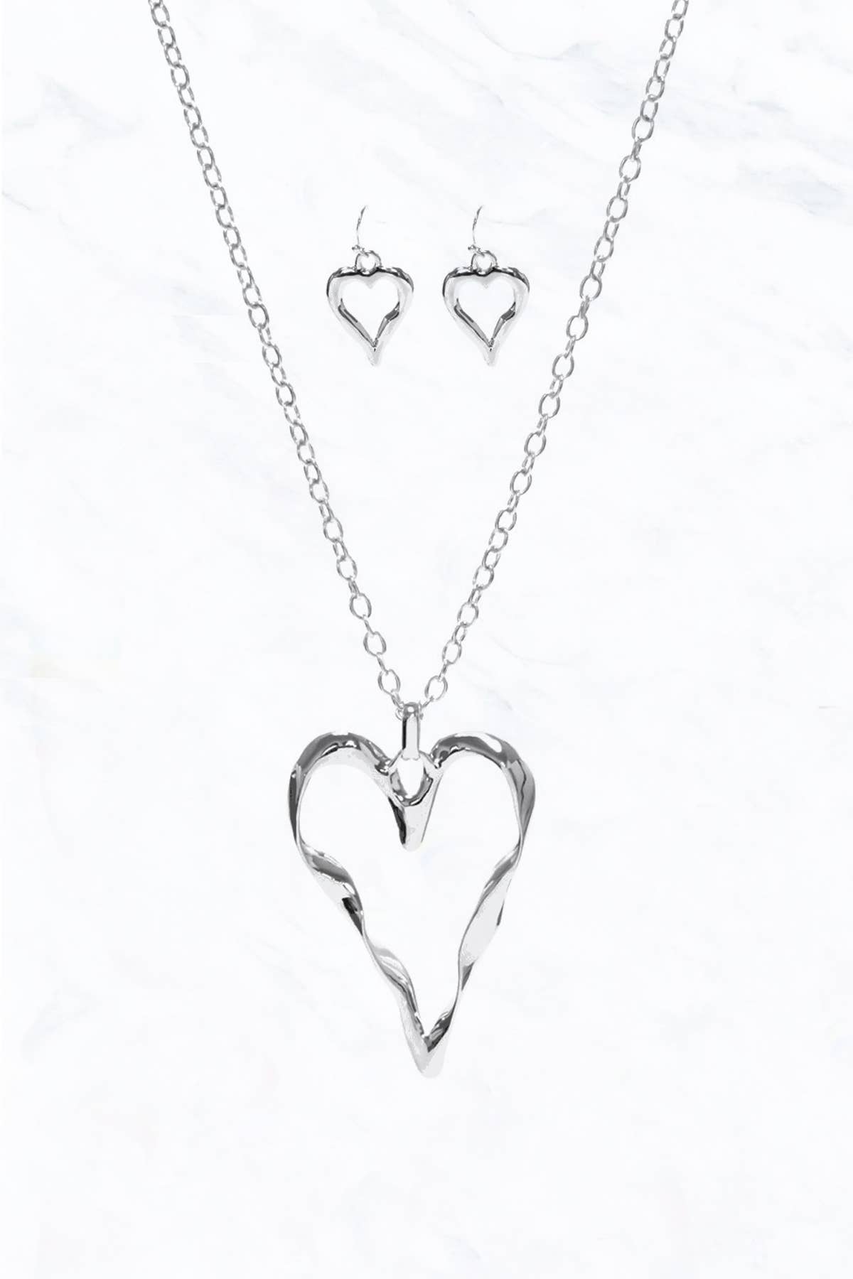 Silver Heart Metal Necklace Earring Set
