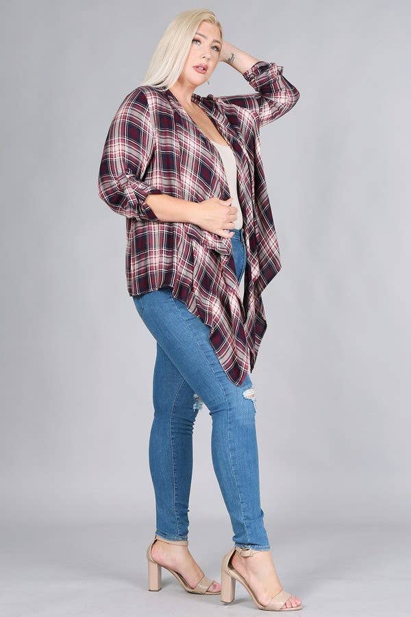 Plus Size Rayon Plaid Waterfall Cardigan