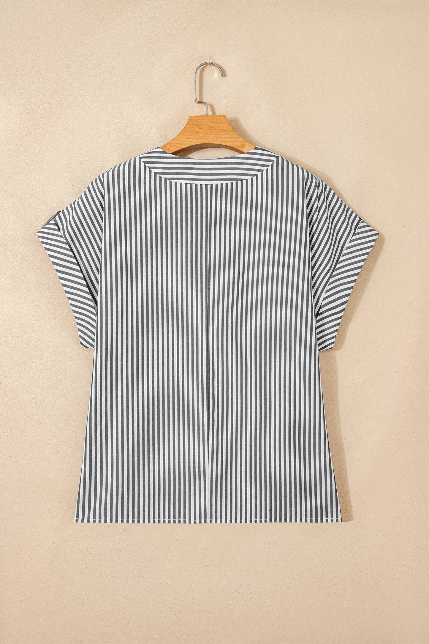 Stripe Plus Size V Neck Roll-tab Short Dolman Sleeve Blouse