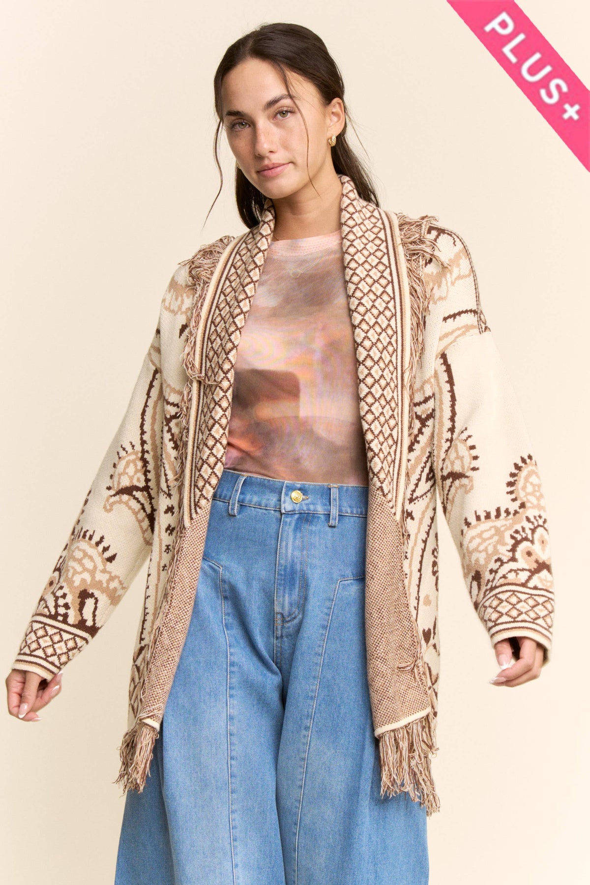 Plus - Fringe Trim Jacquard Belted Cardigan