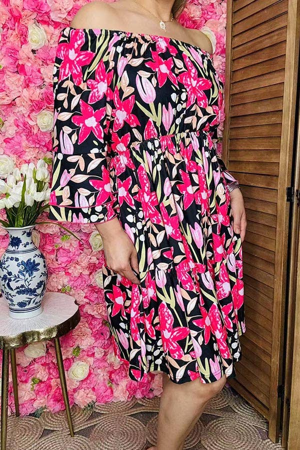 Floral printed off shoulder 3/4 sleeves dress GJQ16187
