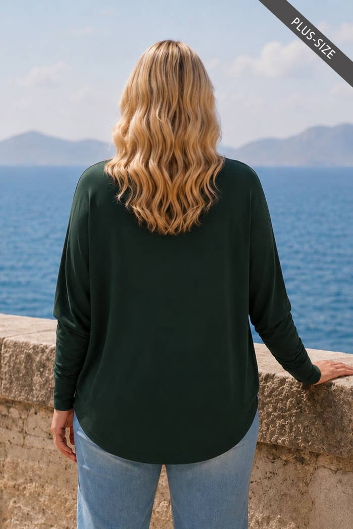 PLUS SIZE Drop Shoulder Round Hem Long Sleeve Top