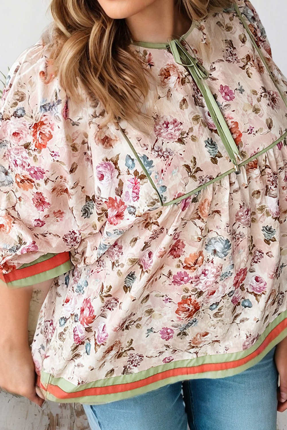 Plus Size Floral Print Contrast Trim Babydoll Blouse