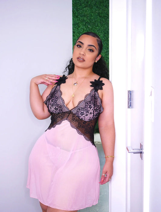 Pink Lace Mesh Open Back Babydoll