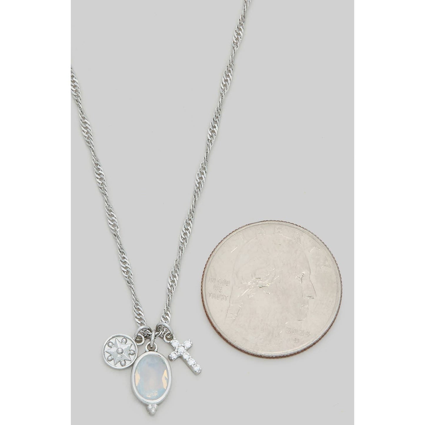 OVAL STONE CZ CROSS THREE CHARM NECKLACE
