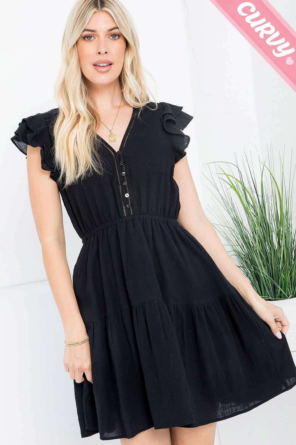 PLUS SIZE RUFFLE BUTTON FRONT SHORT DRESS