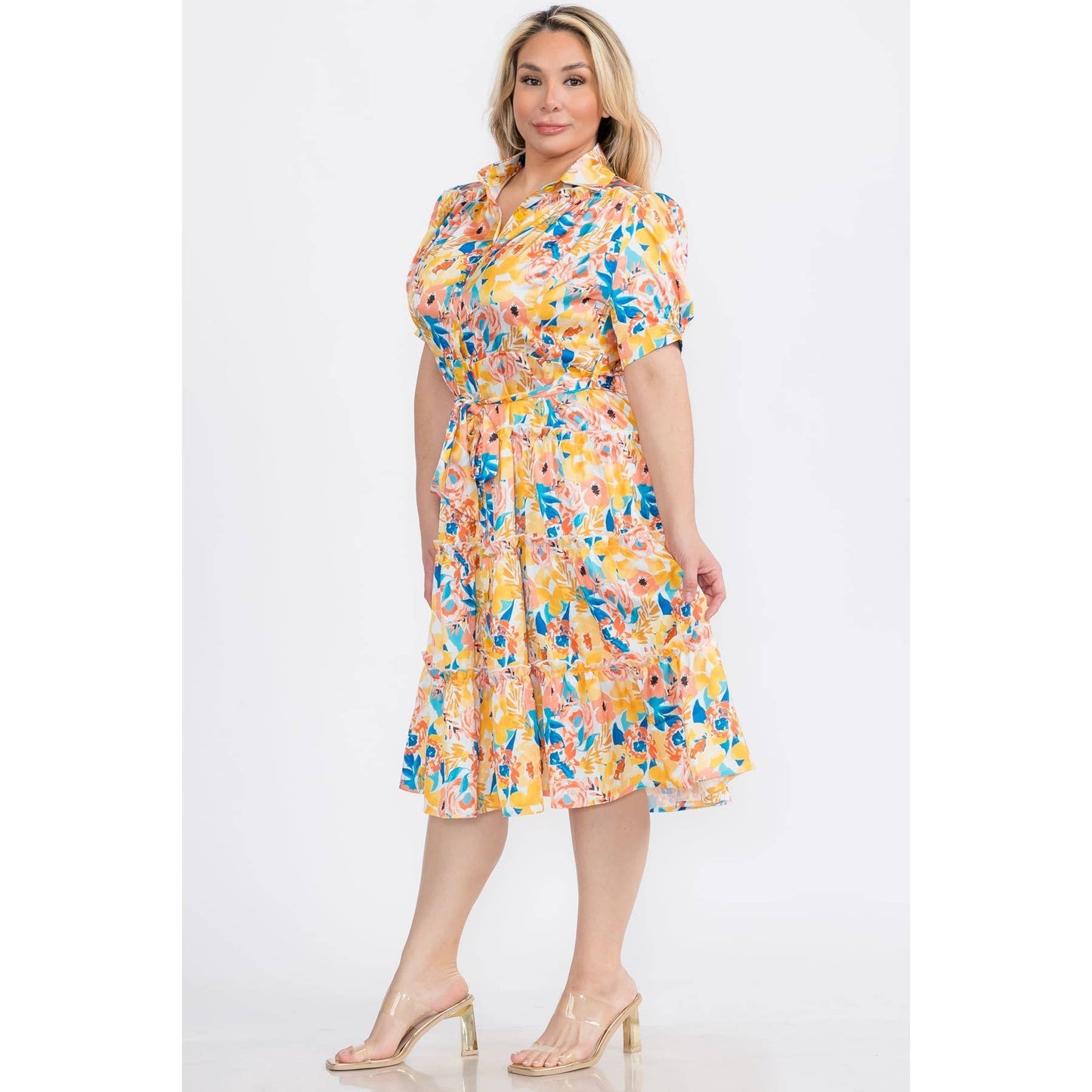 PLUS SIZE FLORAL COLLARED BUTTON DOWN TIERED MIDI DRESS