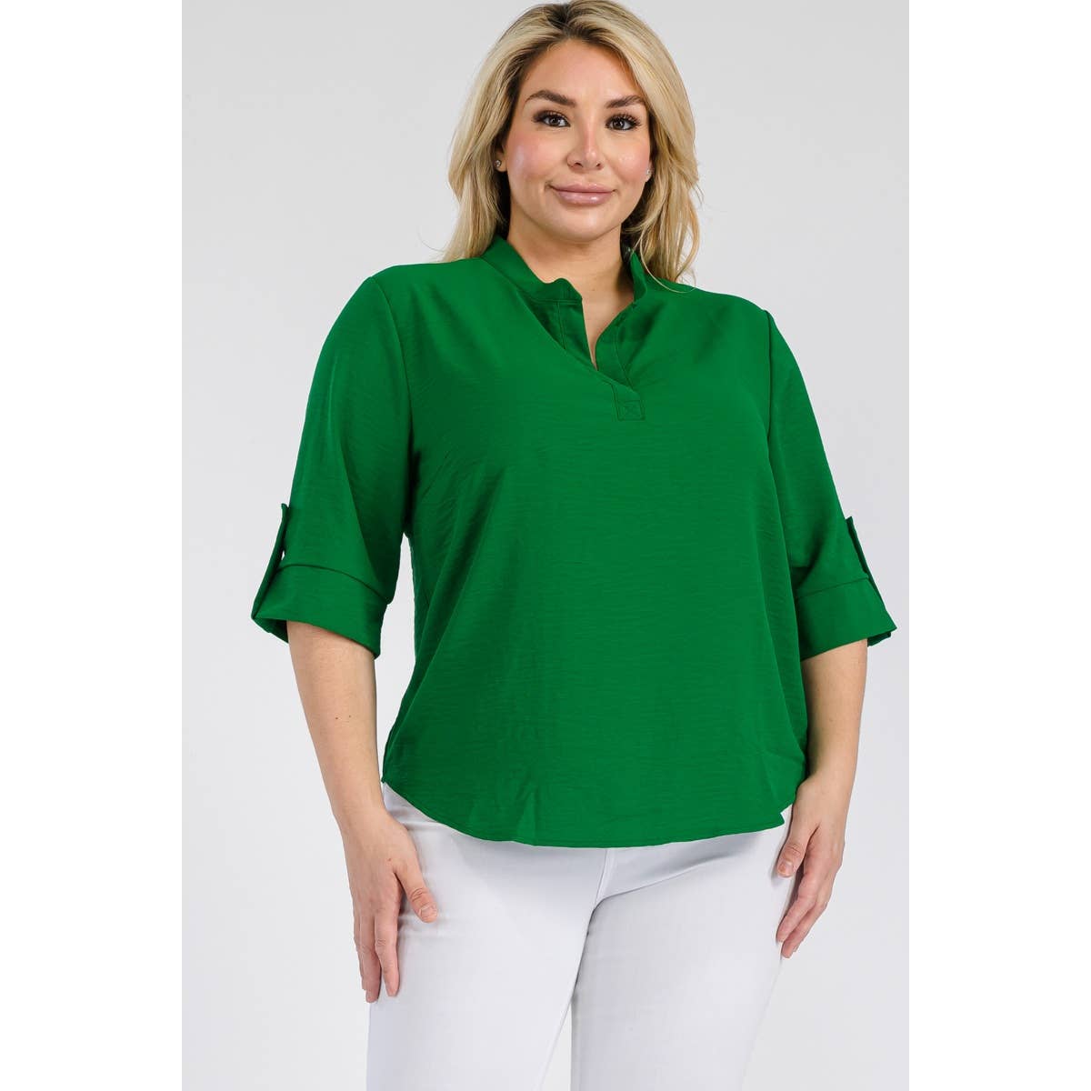 PLUS SIZE SPLIT NECK ROLL UP SLEEVE RELAXED BLOUSE