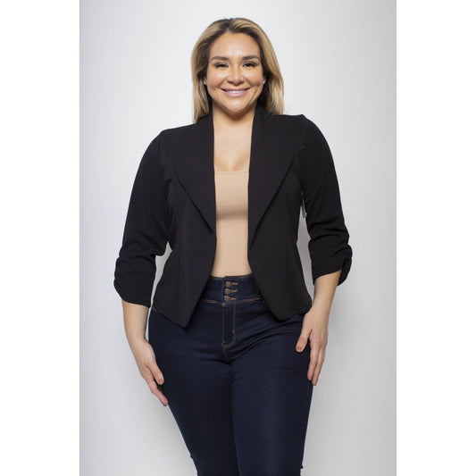PLUS SIZE RUCHED THREE QUARTER SLEEVE BLAZER JACKET
