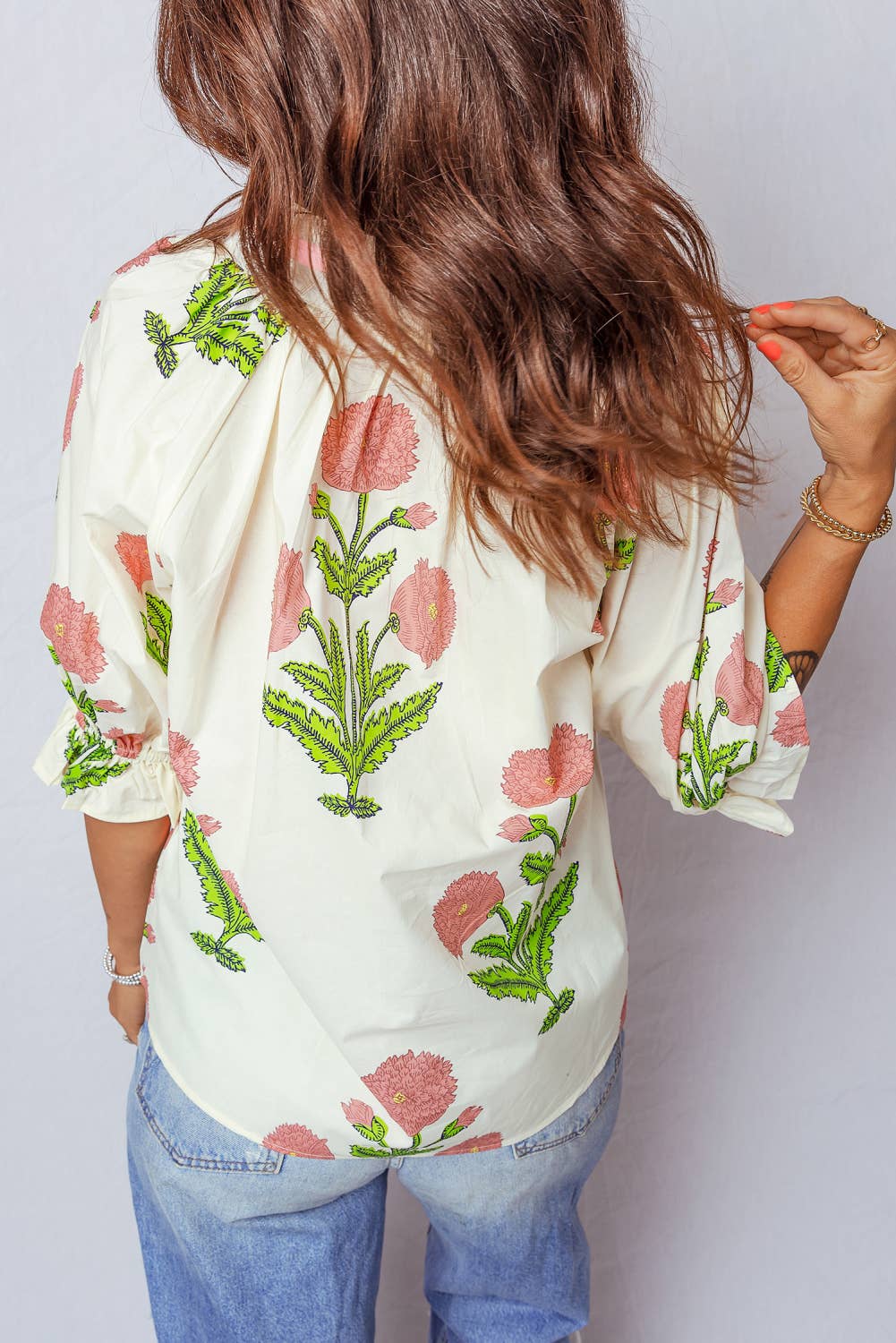 Plus Size Wild Flower Print V Neck 3/4 Sleeve Blouse (S-4X)