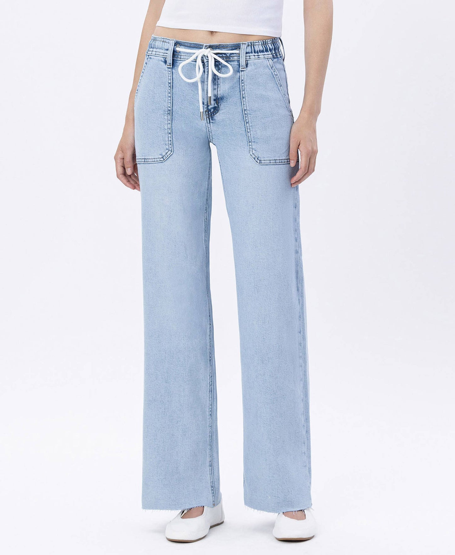 HIGH RISE DRAWSTRING WAISTBAND WIDE LEG JEANS LV1902