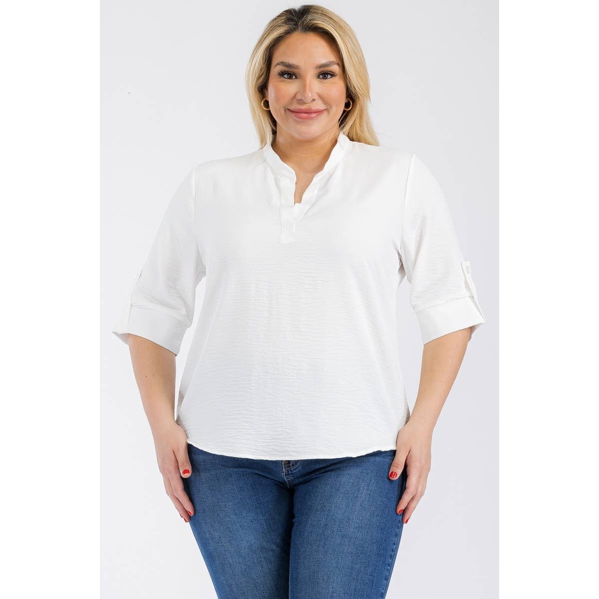PLUS SIZE SPLIT NECK ROLL UP SLEEVE RELAXED BLOUSE