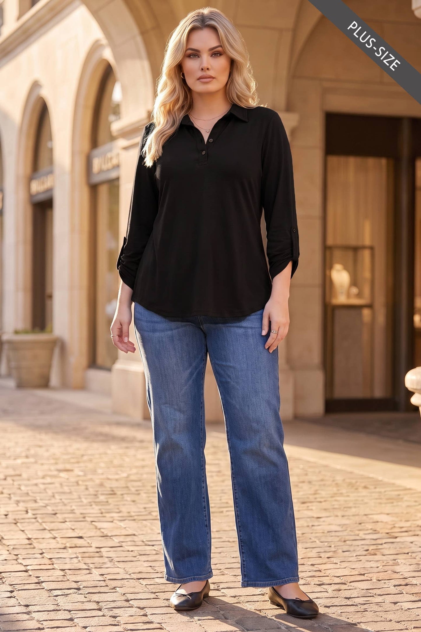 PLUS SIZE Collared 3/4 Sleeve Blouse Top