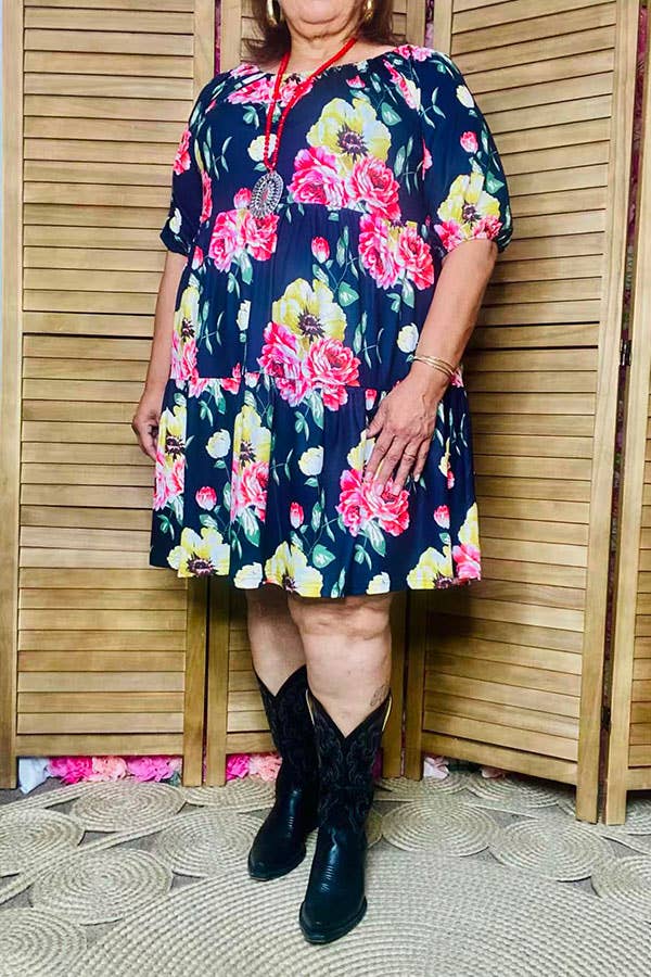 Floral print off shoulder short sleeve women dress GJQ15155