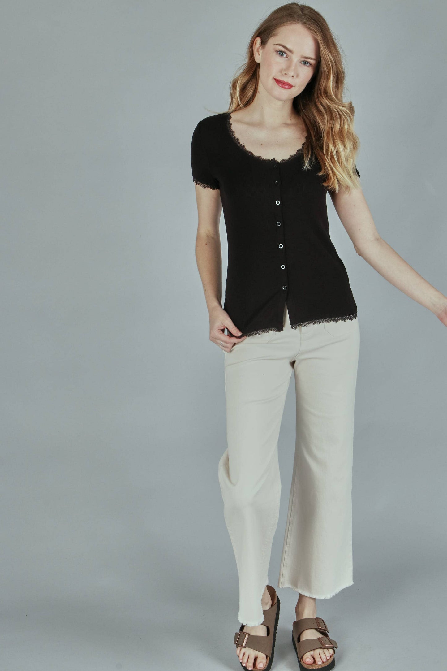 Solid rib button top with dtm edge lace- plus (P17893-PLUS)