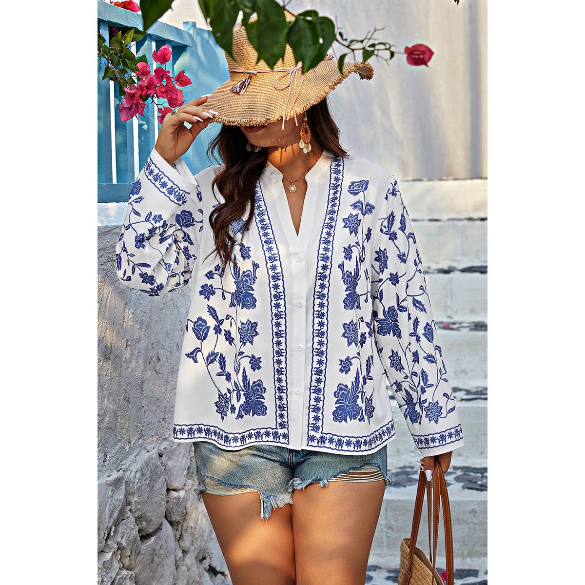 Plus Size V Neck Button Floral Print Loose Blouse