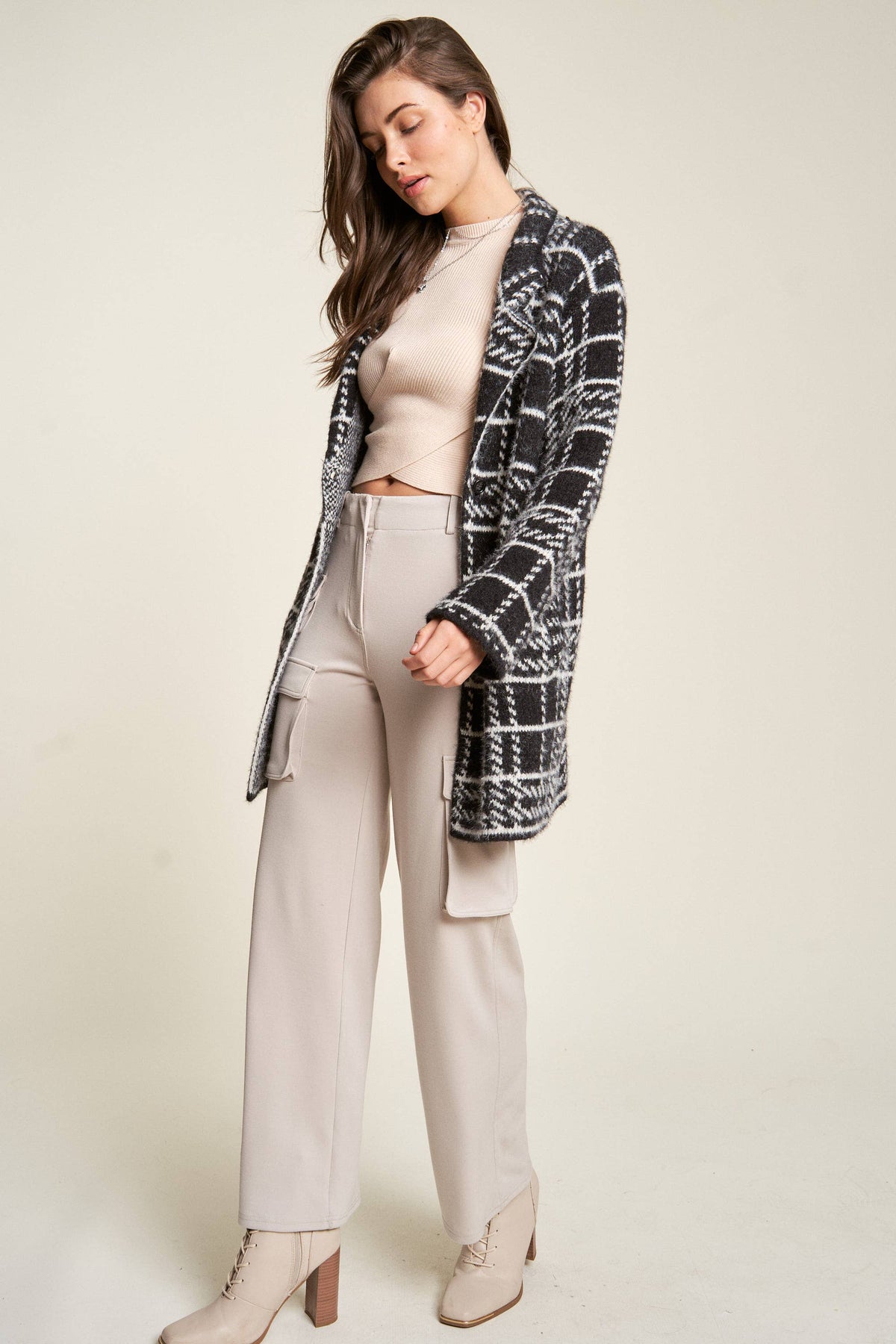 Plus - Plaid Knit Lapel Collar Button Front Long Coat