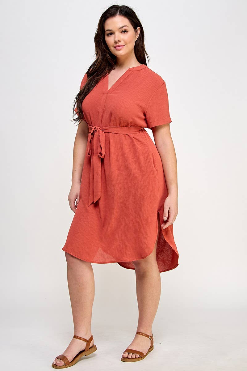 Plus Size Midi V-Neck Waist Tie Dress SS2352P-D