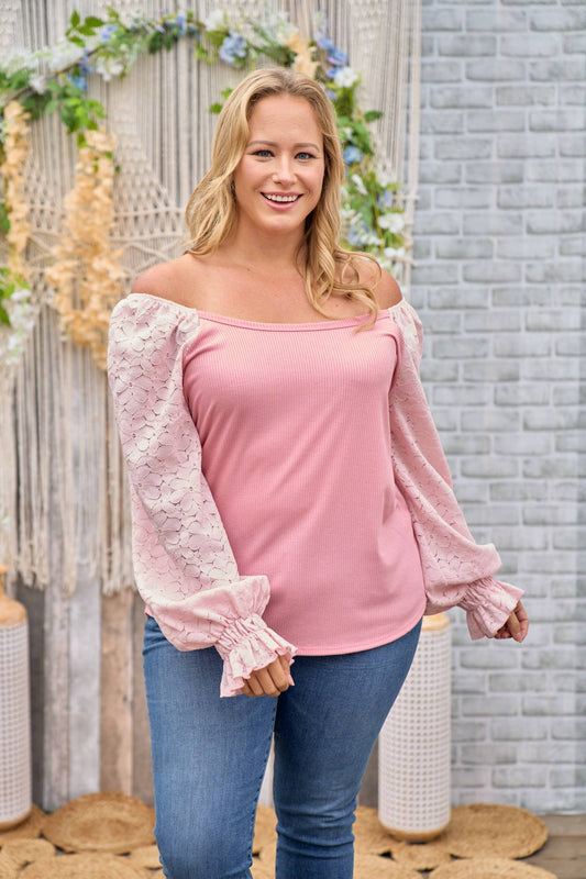 Plus curly rib-knit body with laced long-sleeve top-PLT6239B