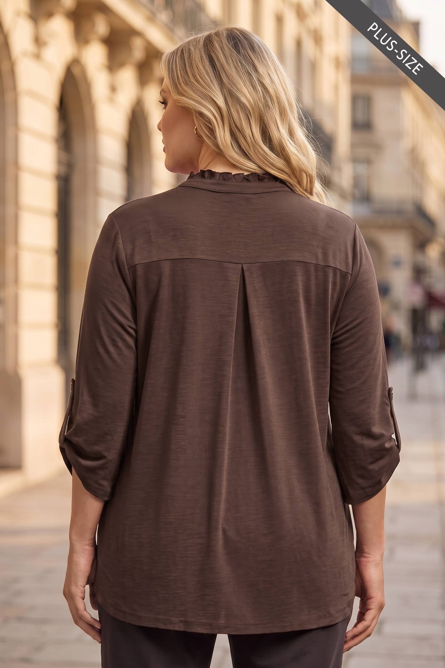 PLUS SIZE Ruffled Collar Lizzy 3/4 Sleeve Lightweight Blouse