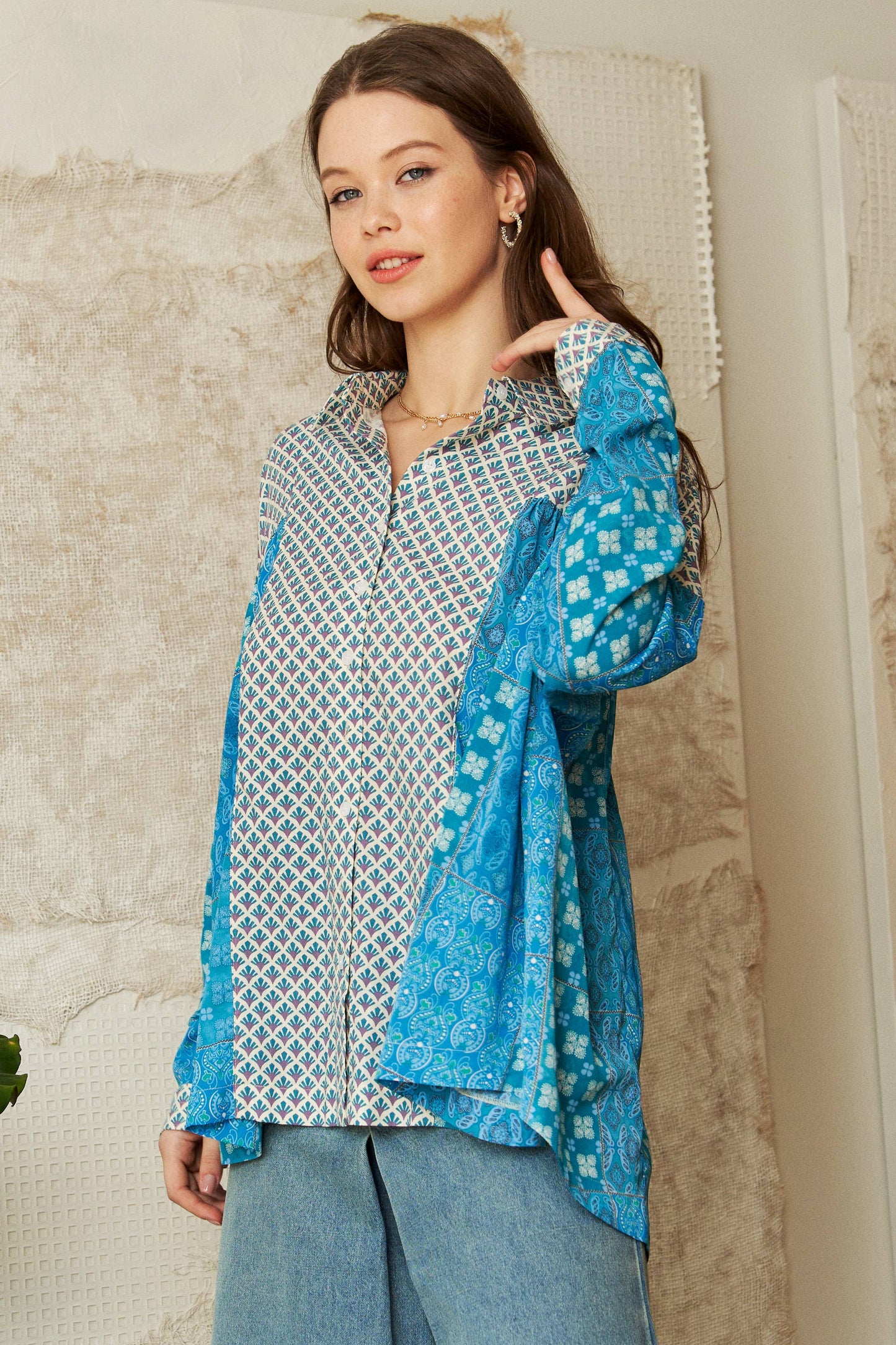 PLUS GEO MIXED BUTTON FRONT SLOUCHY RELAXED TOP