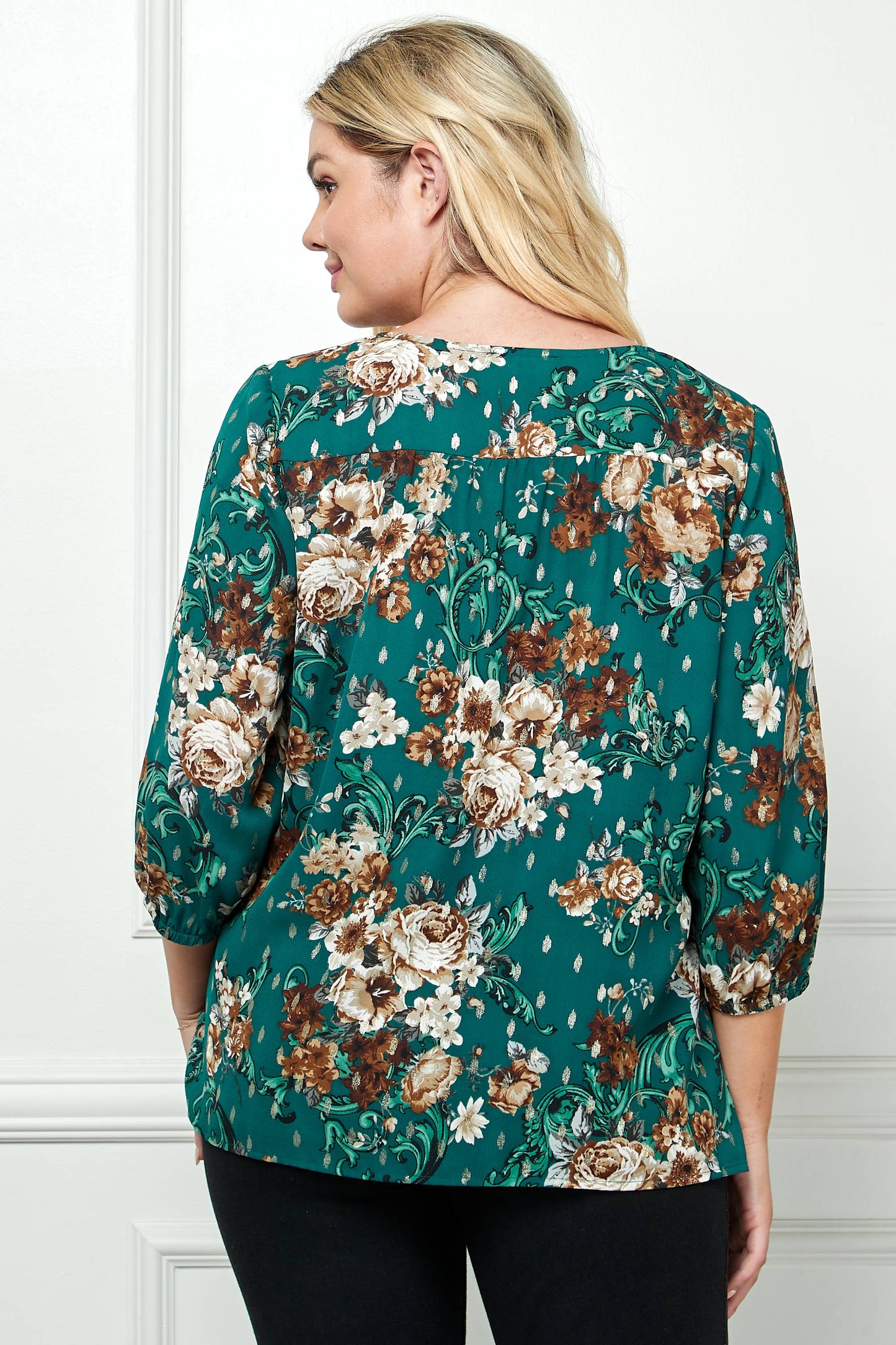 PLUS SIZE ELASTIC SLEEVE TRIM NECK FRONT BLOUSE G216777N38X