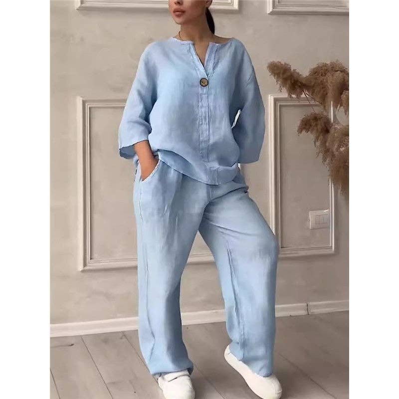 Solid Color Loose Top Wide Leg Pants Set