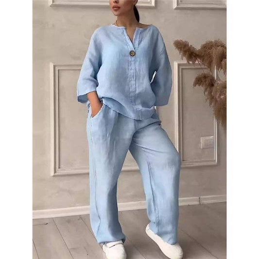 Solid Color Loose Top Wide Leg Pants Set