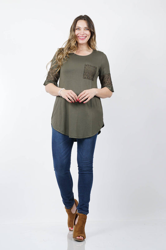 ...SI-14336 PLUS SIZE Lace contrast ruffle sleeve top