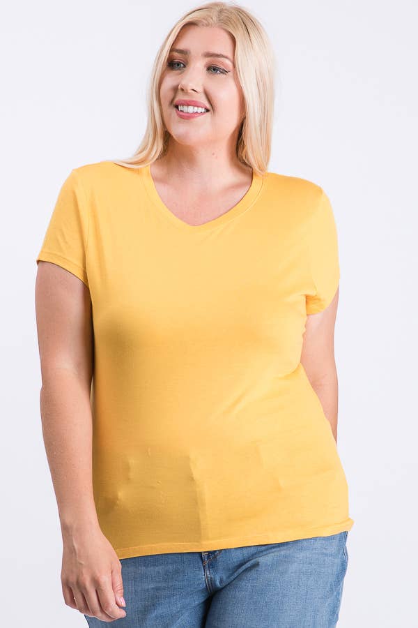 Plus Size V-Neck Basic Short Sleeve Solid Tee Cotton Top