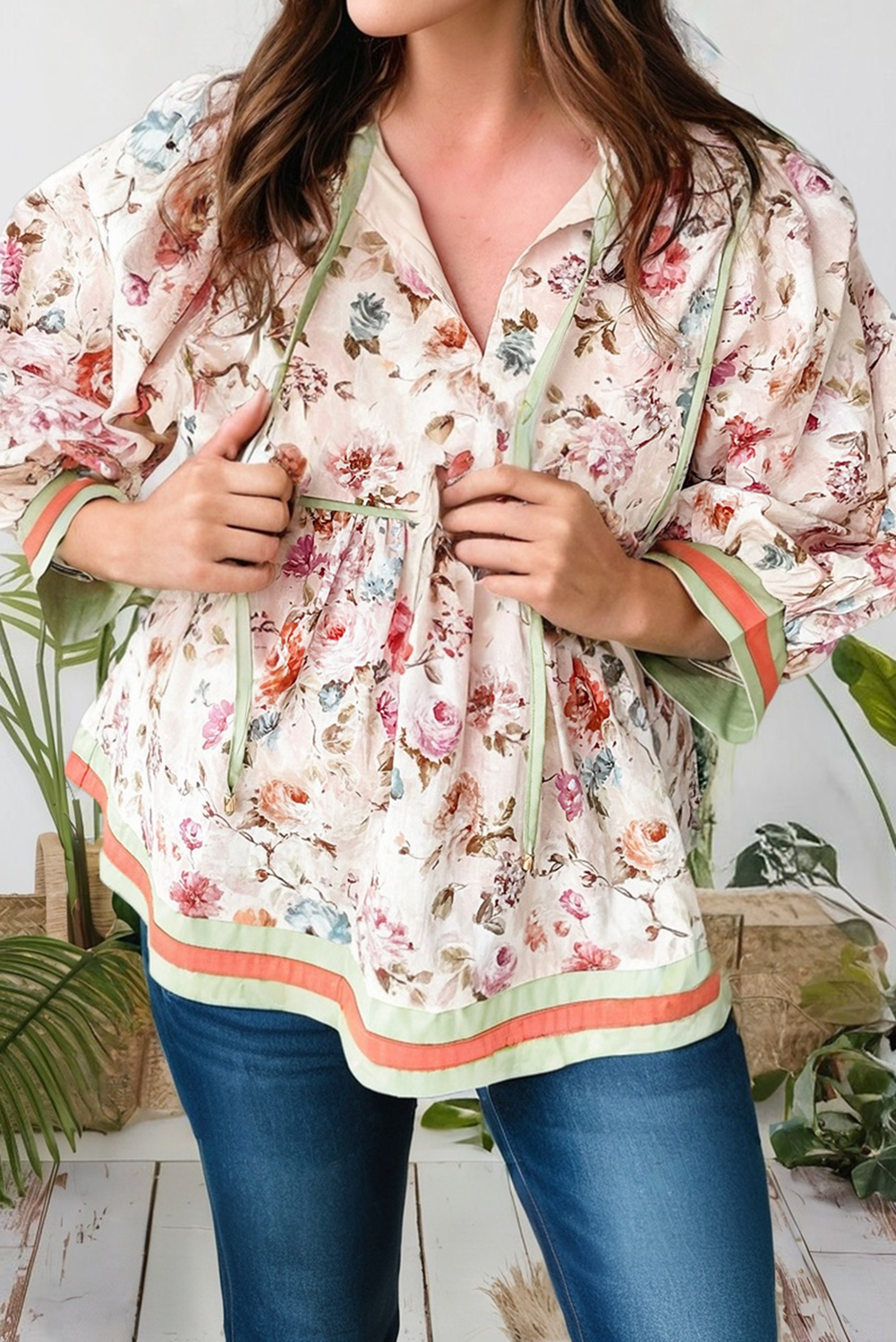 Plus Size Floral Print Contrast Trim Babydoll Blouse