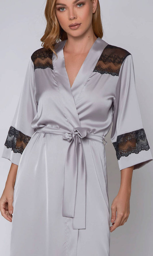 Tess Satin Long Robe with Sparkle Lace