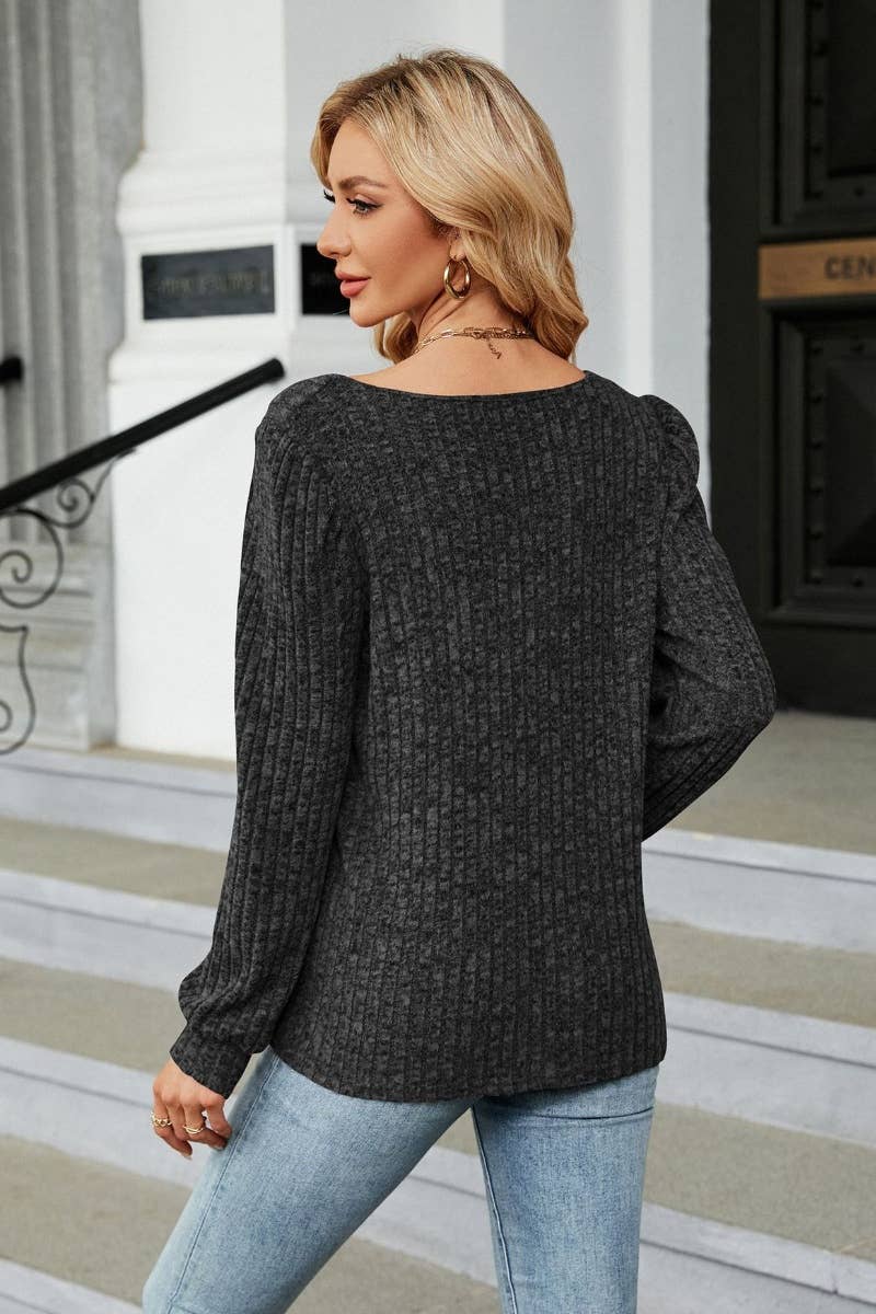 CWOSWL6538_SOLID COLOR SQUARE COLLAR LONG-SLEEVED SWEATER