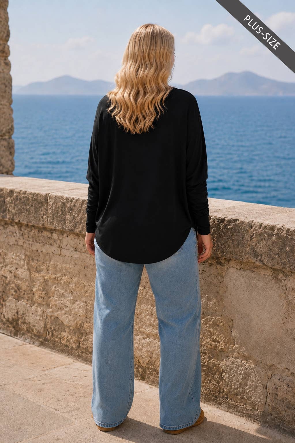 PLUS SIZE Drop Shoulder Round Hem Long Sleeve Top
