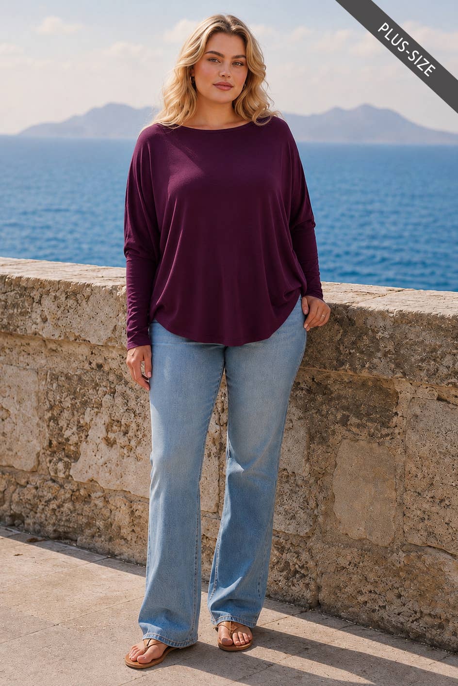PLUS SIZE Drop Shoulder Round Hem Long Sleeve Top
