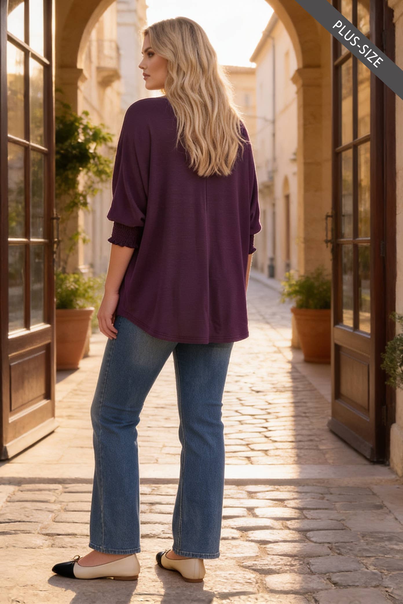 PLUS SIZE Oversized Smocked 3/4 Sleeve Poncho Blouse