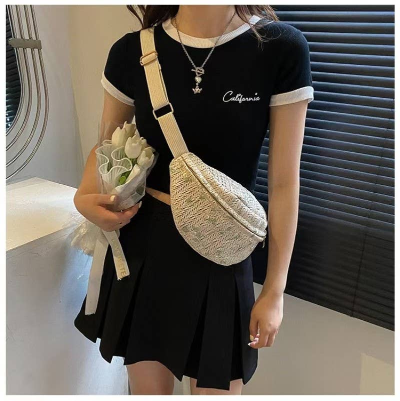 RAFFIA STRAW WAIST FANNY PACK CROSSBODY BELT BAG | 40P559