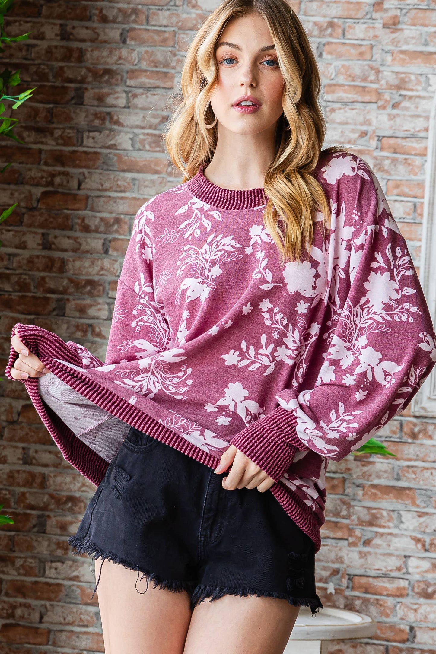Plus printed knit top with ribbed contrast details-PLT10902