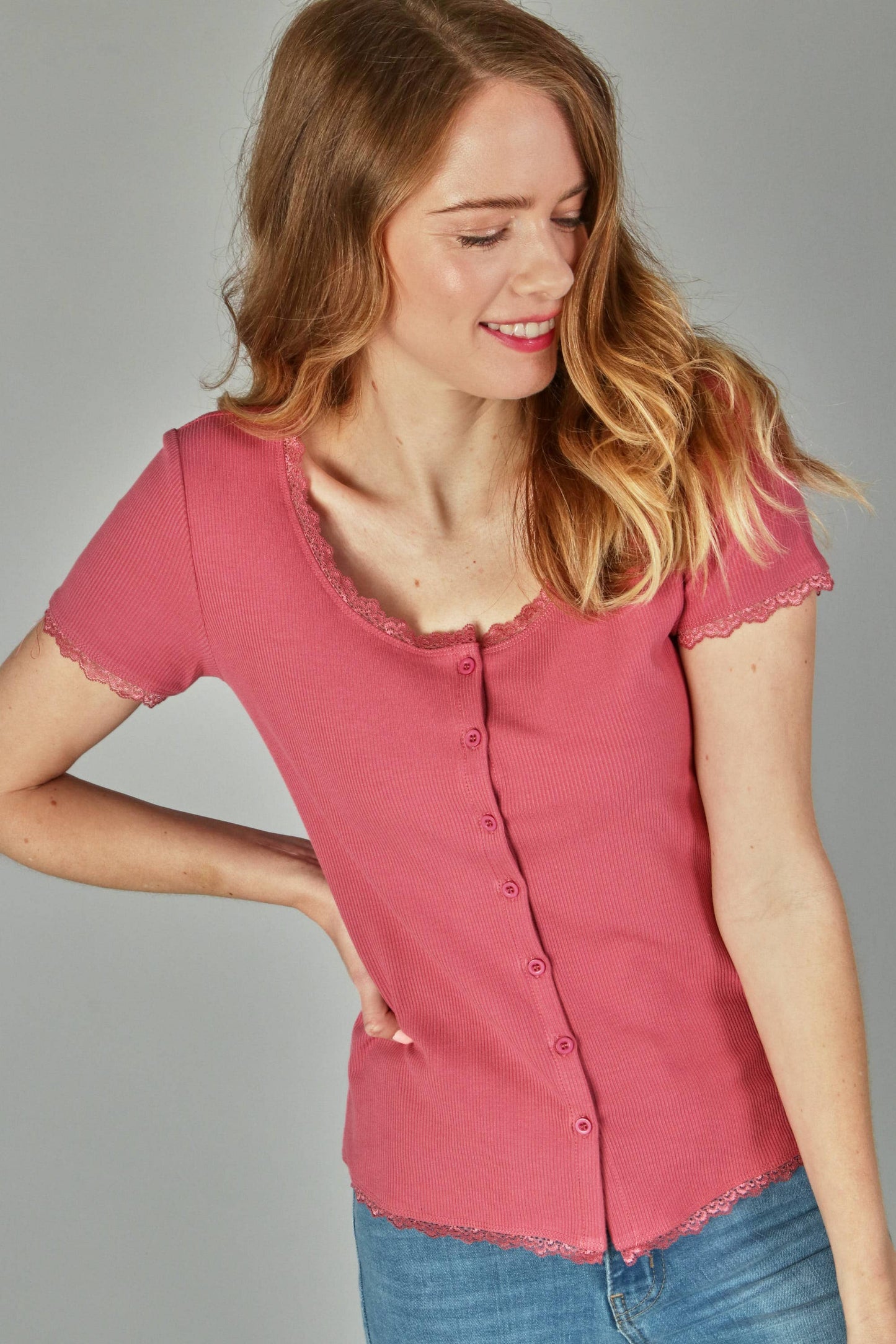 Solid rib button top with dtm edge lace- plus (P17893-PLUS)