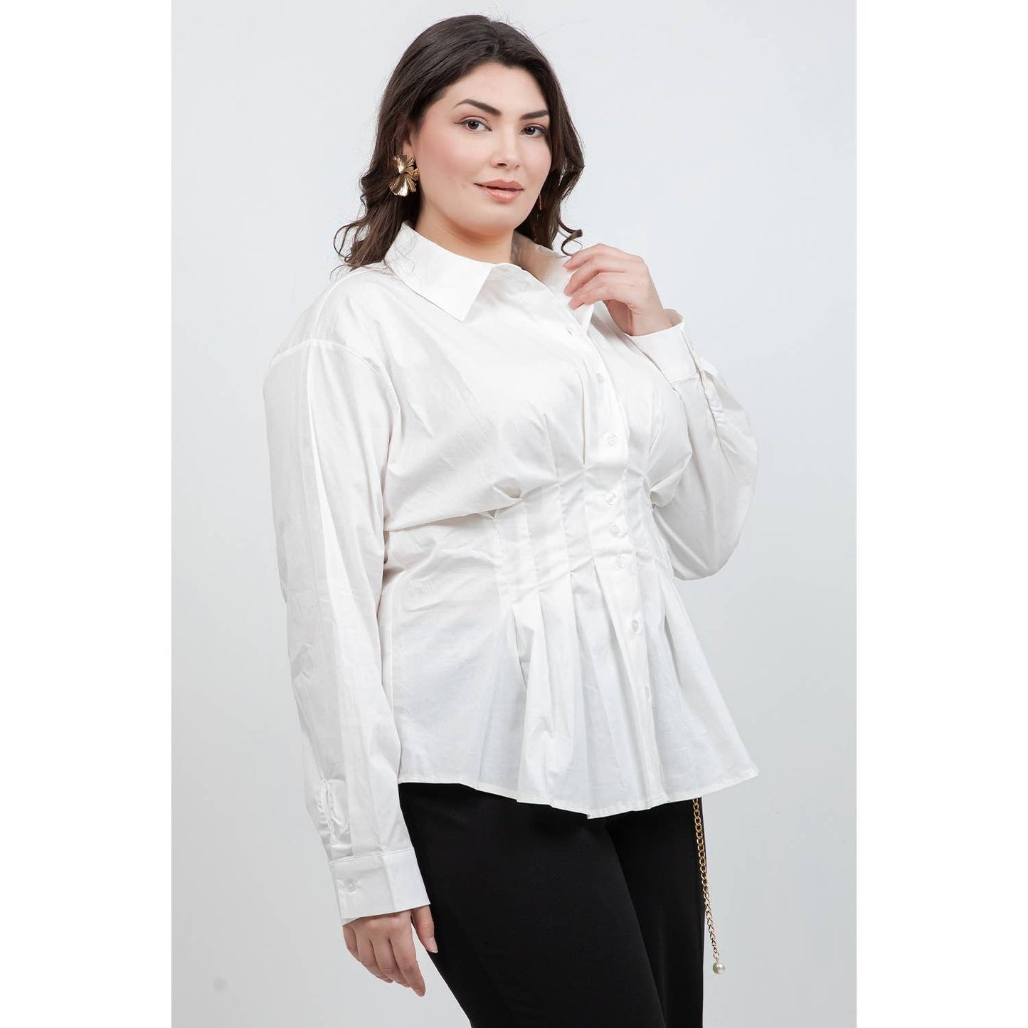 PLUS SIZE COLLARED BUTTON DOWN LONG SLEEVE PLEATED DETAIL SH
