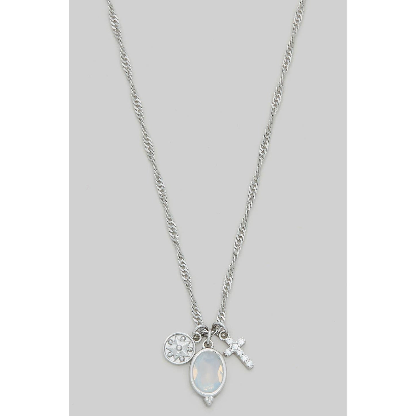 OVAL STONE CZ CROSS THREE CHARM NECKLACE