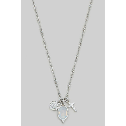 OVAL STONE CZ CROSS THREE CHARM NECKLACE