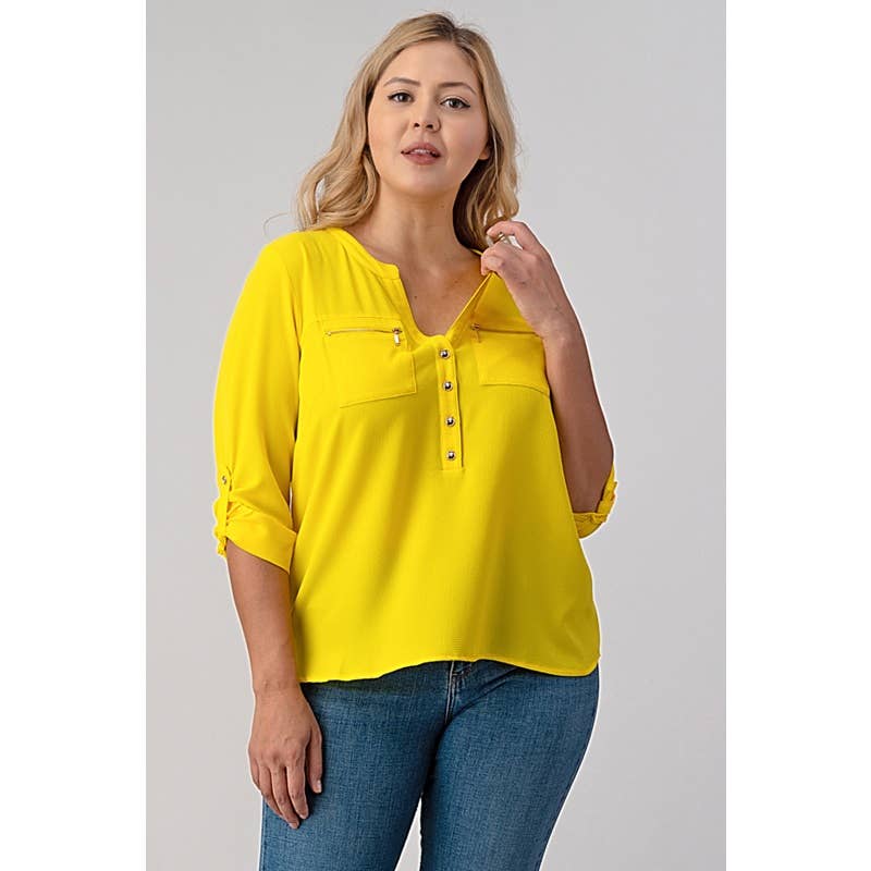 PLUS SIZE ZIPPER TRIM ROLL UP SLEEVE HENLEY TOP