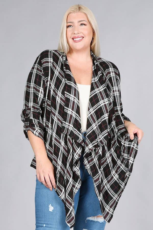 Plus Size Rayon Plaid Waterfall Cardigan