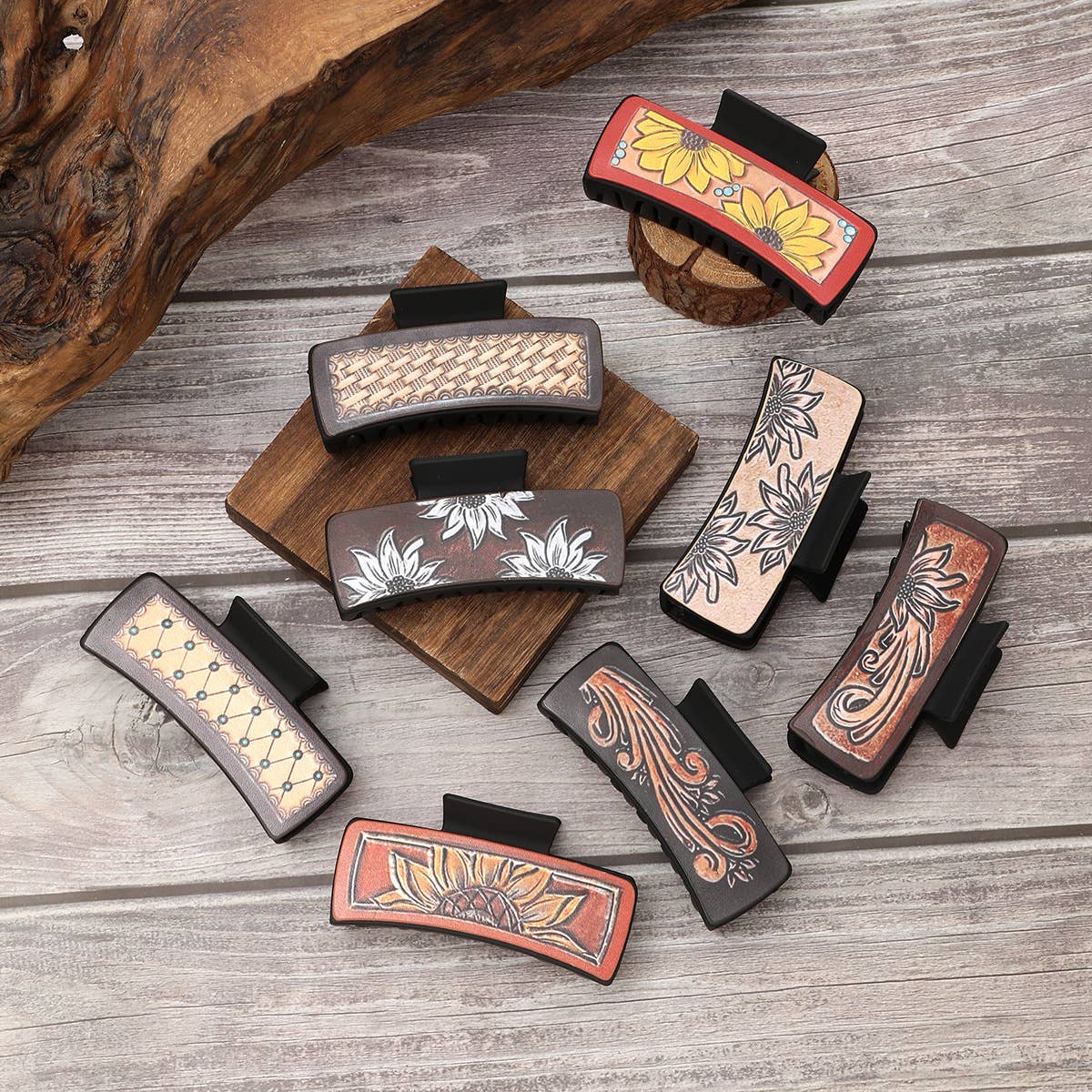 SUNFLOWER LEATHER LADIES WESTERN HAIR CLAW CLIPS_CWASC1618