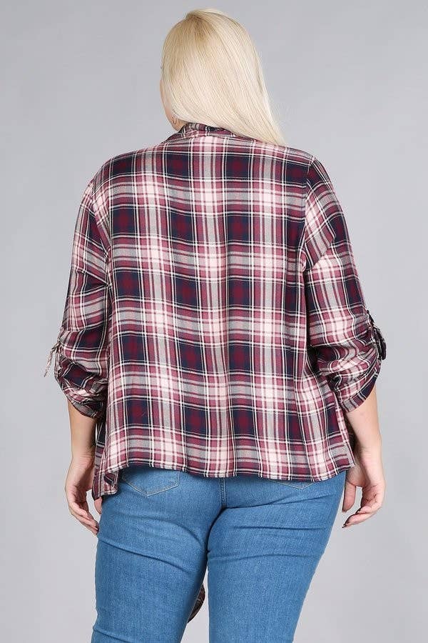 Plus Size Rayon Plaid Waterfall Cardigan